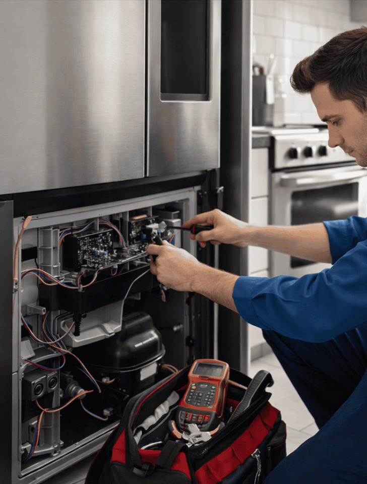 Technician repairing refrigerator's internal components.